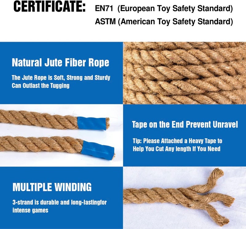 GOTHINK Tug of War Rope with Flag for Kids and Adults - Soft Natural Jute Fiber Rope for Field Day Team Building Party Game Camping Backyard Outdoor Games 20ft Long,Brown - Image 2